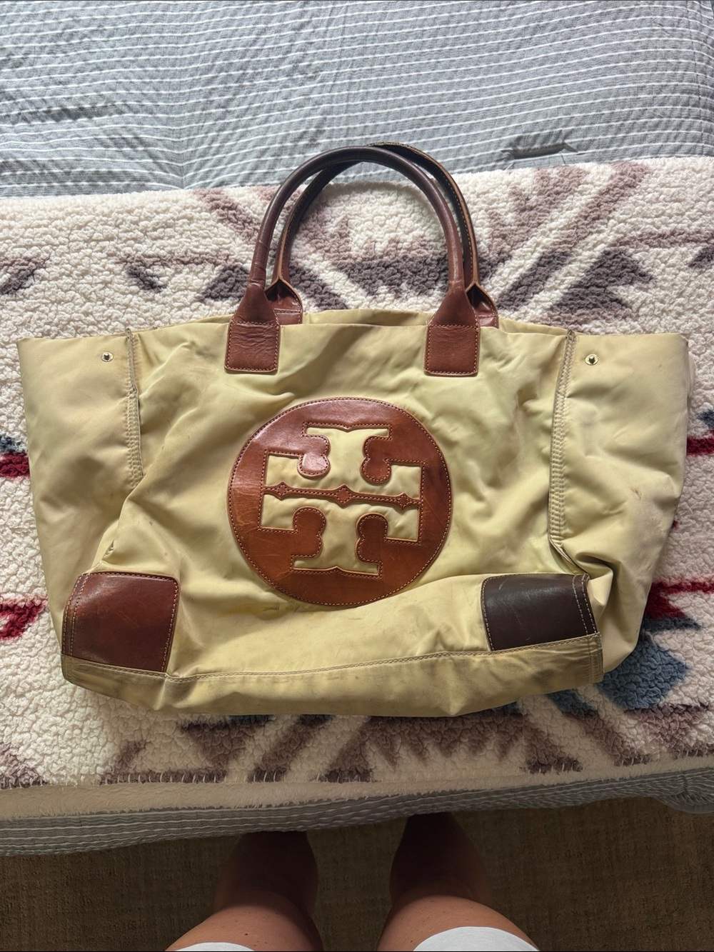 Tory Burch Beige Canvas Tote with Brown Leather Trim